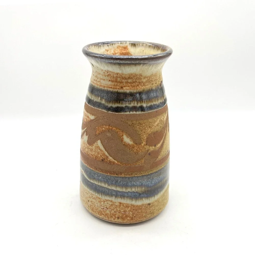 Robert Farmer Signed Studio Pottery Vase Earthy Abstract Glaze Brown Blue 6.5in